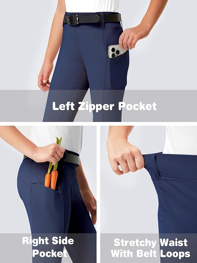 FitsT4 Sports Girls Riding Pants Full Seat Kids Equestrian Breeches Stretchy Youth Horse Schooling Tights Zipper Pockets