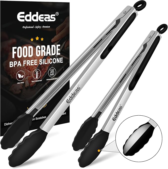 17 & 12 Inch Extra Long Kitchen Tongs with Silicone Tips, Heat Resistant 600 Degrees Silicone Tong, Stainless Steel Tongs for Cooking, Food, Bbq, Grilling, Barbecue, Dishwasher 2 Pack