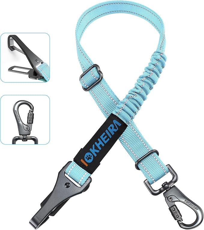 Dog Seat Belt 3-in-1 Car Harness for Dogs Adjustable Safety Seatbelt for Car Nylon Reflective Bungee Fabric Dog Car Harness with Clip Hook Latch & Buckle, Swivel Zinc Alloy Carabiner (Light Blue)