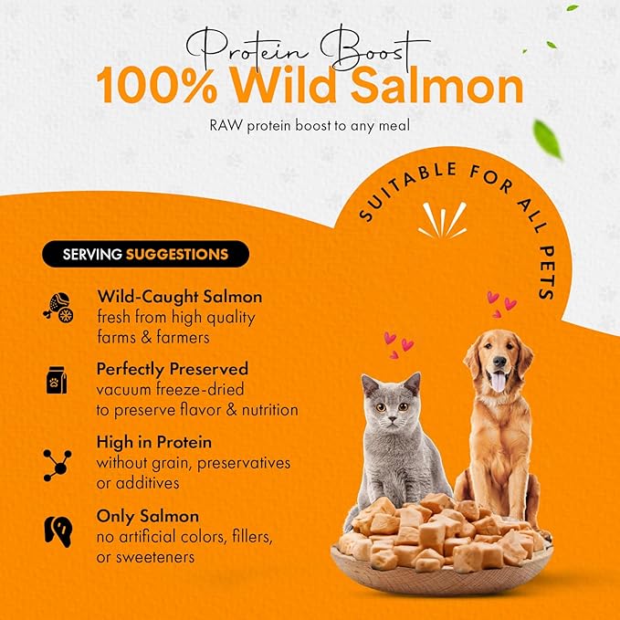 Freeze-Dried Salmon Treats for Cats & Dogs – 100% Wild Caught, Single Ingredient, High-Protein, Healthy Snack – No Additives or Preservatives – 5.3oz - Inspected & Tested in USA