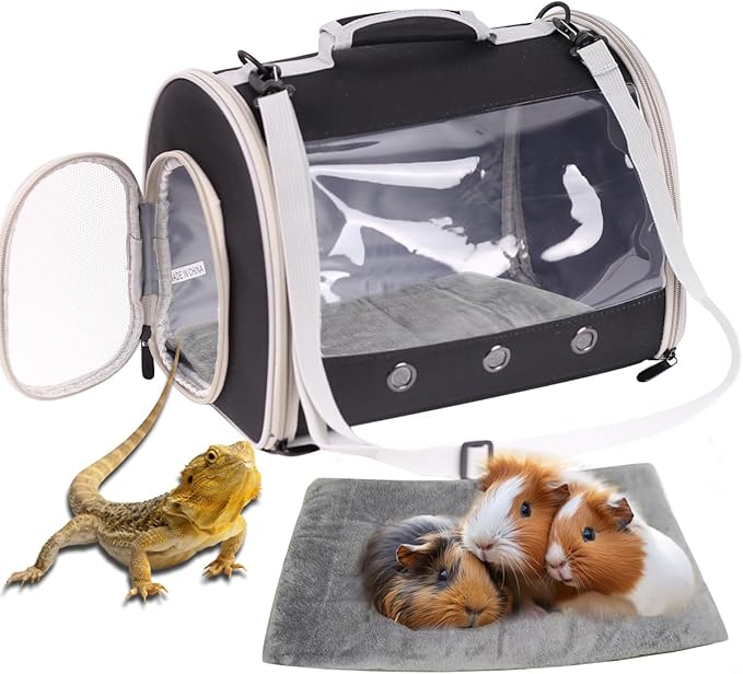 Bearded Dragon Travel Carrier Backpack,Lizard Backpack Carrier,Space Capsule Clear Bubble Window Astronaut Reptile Carrier Backpack for Guinea Pig,Sugar Glider,Bunny (Black, TPU Carrier+MAT)