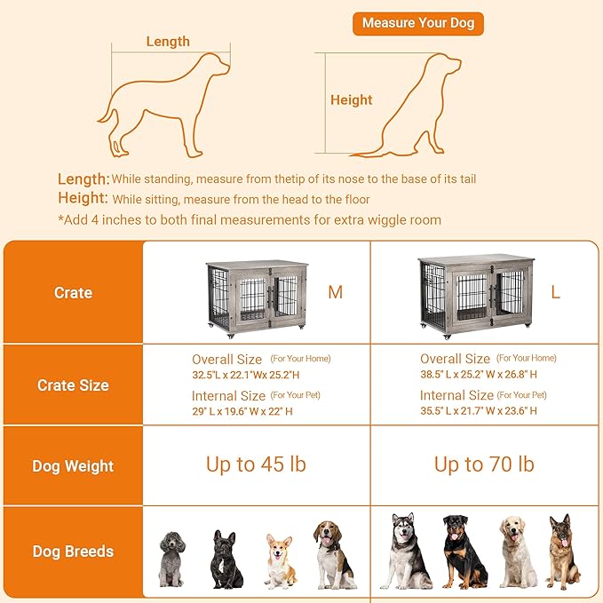 Lulive Dog Crate Furniture Set of 2, Dog Kennel Indoor Double Doors Wooden Dog Cage, 32'' Heavy Duty Dog Crate with Cushion & Wheels, End Table Pet House Chew-Resistant Up to 45 lb, Grey