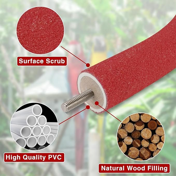 Rypet U Shape Parrot Perch Stand Toy for Paw Grinding Clean Stick Exercise, Rough-Surfaced Quartz Bird Perch Standing Cage Accessories for for Small Parakeets Cockatiels Conures Macaws Finches(Red)