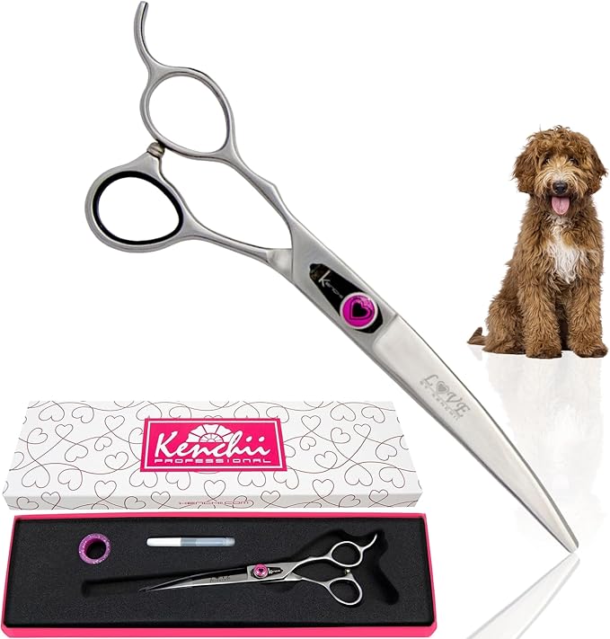 Kenchii Love Left Handed Dog Grooming Scissors, 7 Inch Curved Shears, Dog Scissors for Grooming, Professional Pet Grooming Scissors, Ergonomic & Comfortable