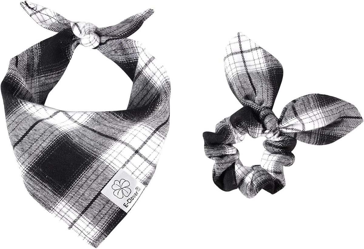 E-Clover Plaid Dog Scarf & Matching Scrunchie Set - Triangle Pet Bandana Bibs for Small Dog Puppy Owner Birthday Gifts - Black & White