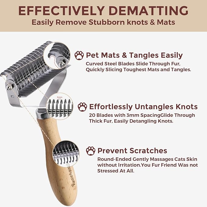3-in-1 Professional Pet Shedding Dematting Comb - Deshedding Undercoat Rake for Dogs with Stainless Steel Blades Metal Pet Brush with Wood Handle Matted Hair Detangling Thinning and Shedding