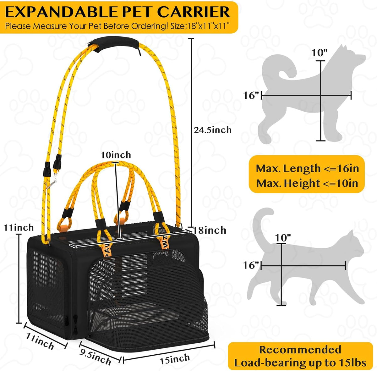 PAWZIDEA Expandable Pet Carrier w/ID Card, 18x11x11 Small Dog Carrier TSA Airline Approved, Soft-Sided Collapsible Dog Travel Bag, Top Load Cat Carrier for 2 Cats Under Seat, Puppy Carrier up to 15Lbs
