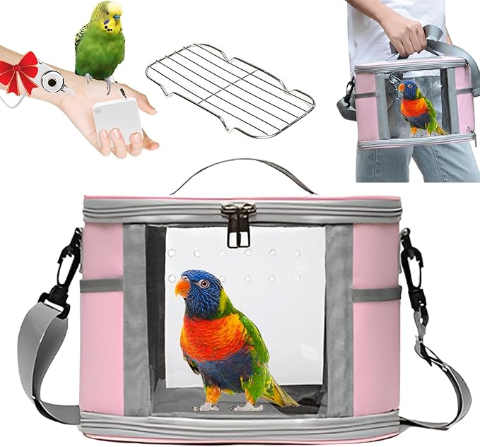 Bird Travel Carrierm, Small Bird Travel Backpack Carrier Cage with Tray and Breathable Clear Window, for Parakeet Cockatiel Budgies, for Camping Hiking (Large-Pink)