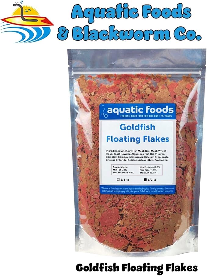 Aquatic Foods Inc. Goldfish Flakes, 42% Protein Color Enhancing and Spirulina Flakes for Aquarium & Pond Goldfish, Koi and All Pond Fish...WL…1/2-lb Foil Pouch Bag