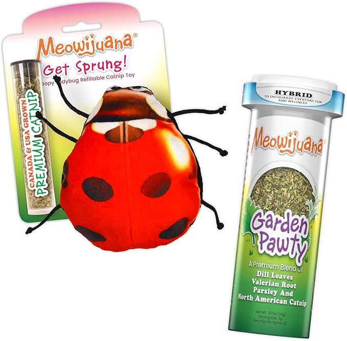 Meowijuana Lady Bug Bundle | Get Sprung Refillable Lady Bug Toy and Garden Pawty Catnip Blend | Promotes Play and Cat Health | Includes North American Organic Catnip