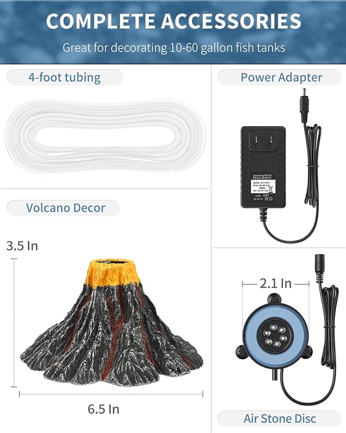 Uniclife Aquarium Volcano Ornament Kit Realistic Resin Volcanic Decoration with Air Stone Bubbler Colorful LED Light Decor for Fish Tank Landscape Addition and Oxygenation
