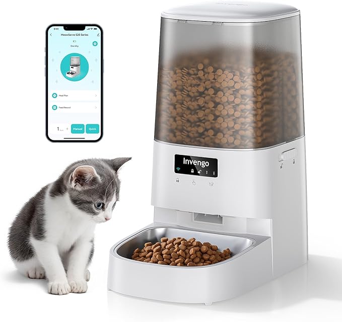Cat Feeder Automatic - Cat Food Dispenser MeowServe S20, Auto Dog Feeder with Stainless Steel Bowl, 5L Pet Feeder with Patented Anti-Jam Port, App, Dual Lock Lid, Dual-Band WiFi & Power, White