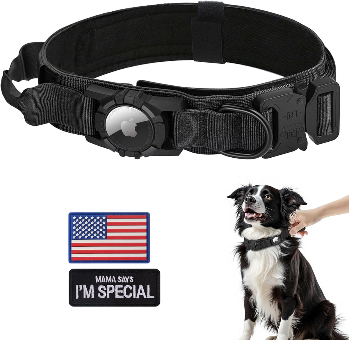 Tactical AirTag Dog Collar - Heavy Duty, Adjustable GPS Collar Compatible with Apple AirTag, with Holder & Control Handle for Medium/Large Dogs [ Black, XL ]