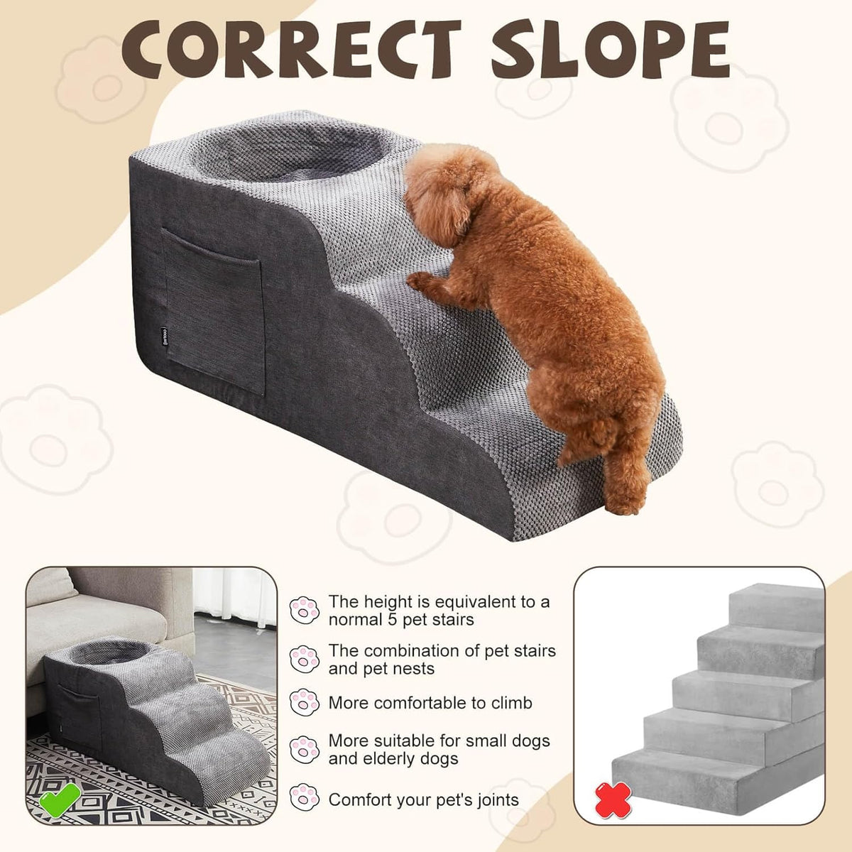 Dog Stairs, Dog Stairs for Small Dogs, 3-Step Pet Stairs, Dog Steps for Bed, Dog ramp, pet Stairs for high beds, Old Dog pet Steps, Non-Slip Pet Step Indoor, Grey