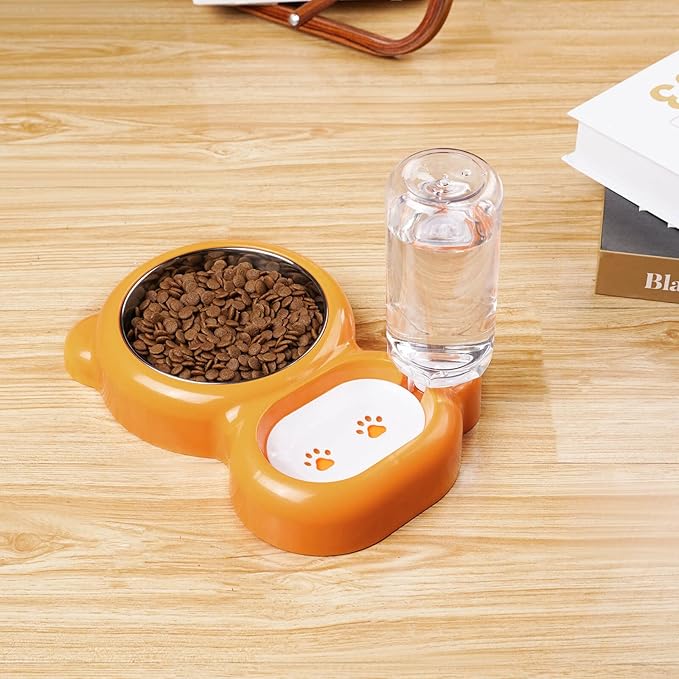 Dog Bowls, Cat Food and Water Bowl Set with Water Dispenser and Stainless Steel Bowl for Cats and Small Dogs - Orange