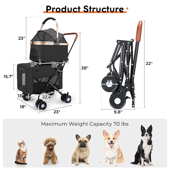 Double Pet Stroller for Small Medium Dogs - 4 In1 Dog Stroller for 2 Pets, Detachable and Foldable with 360°Rotating Wheels, Easy Assembly and Compact Size
