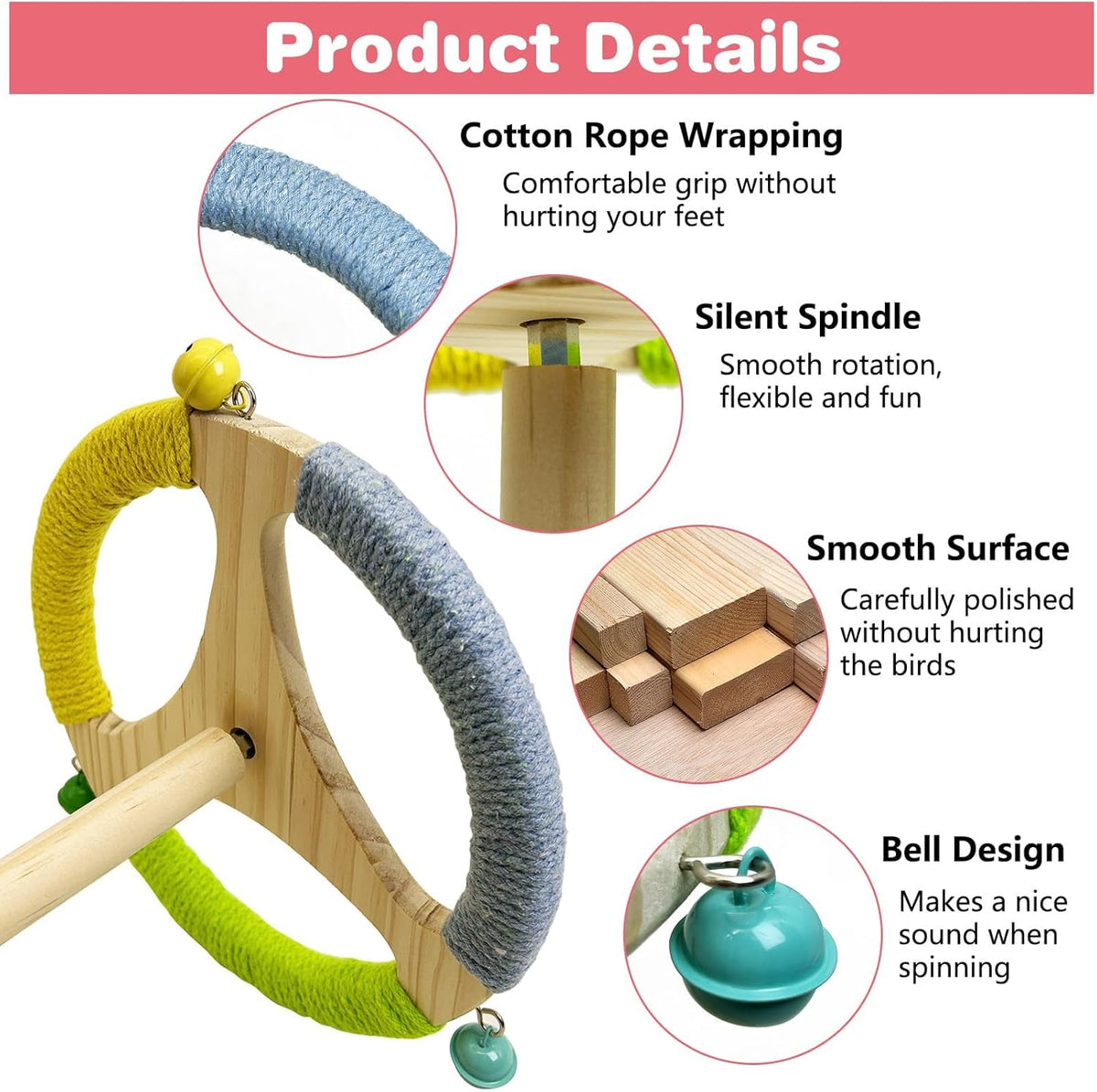 PINVNBY Bird Stand Perch Toy Wooden Spinning Parrot Perch with Cotton Rope and Bell Interactive Cockatiel Toy Bird Cage Accessories for Parakeets Conures Budgies Finches Lovebirds