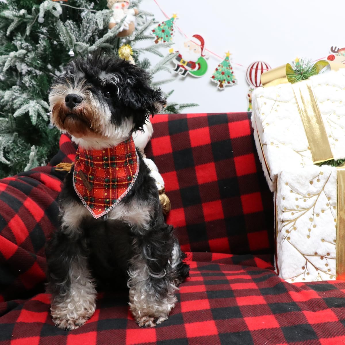 Lionet Paws Christmas Dog Bandana for Small Medium Dogs,Grid Dog Kerchief Washable Dogs Triangle Bibs Scarf for Girl or Boy