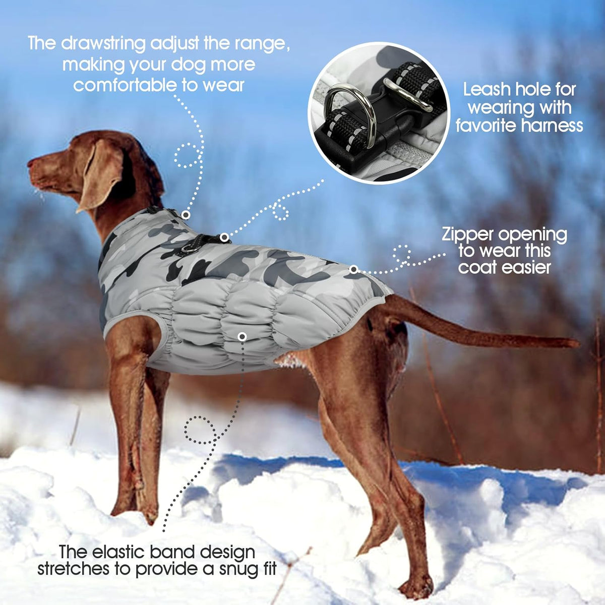 FUAMEY Dog Coat for Medium Dogs,Waterproof Dog Winter Jacket with Harness Built in Puppy Cold Weather Coats Reflective Pet Vest with Zipper Warm Fleece Dogs Snowsuit Windproof Grey Camo M