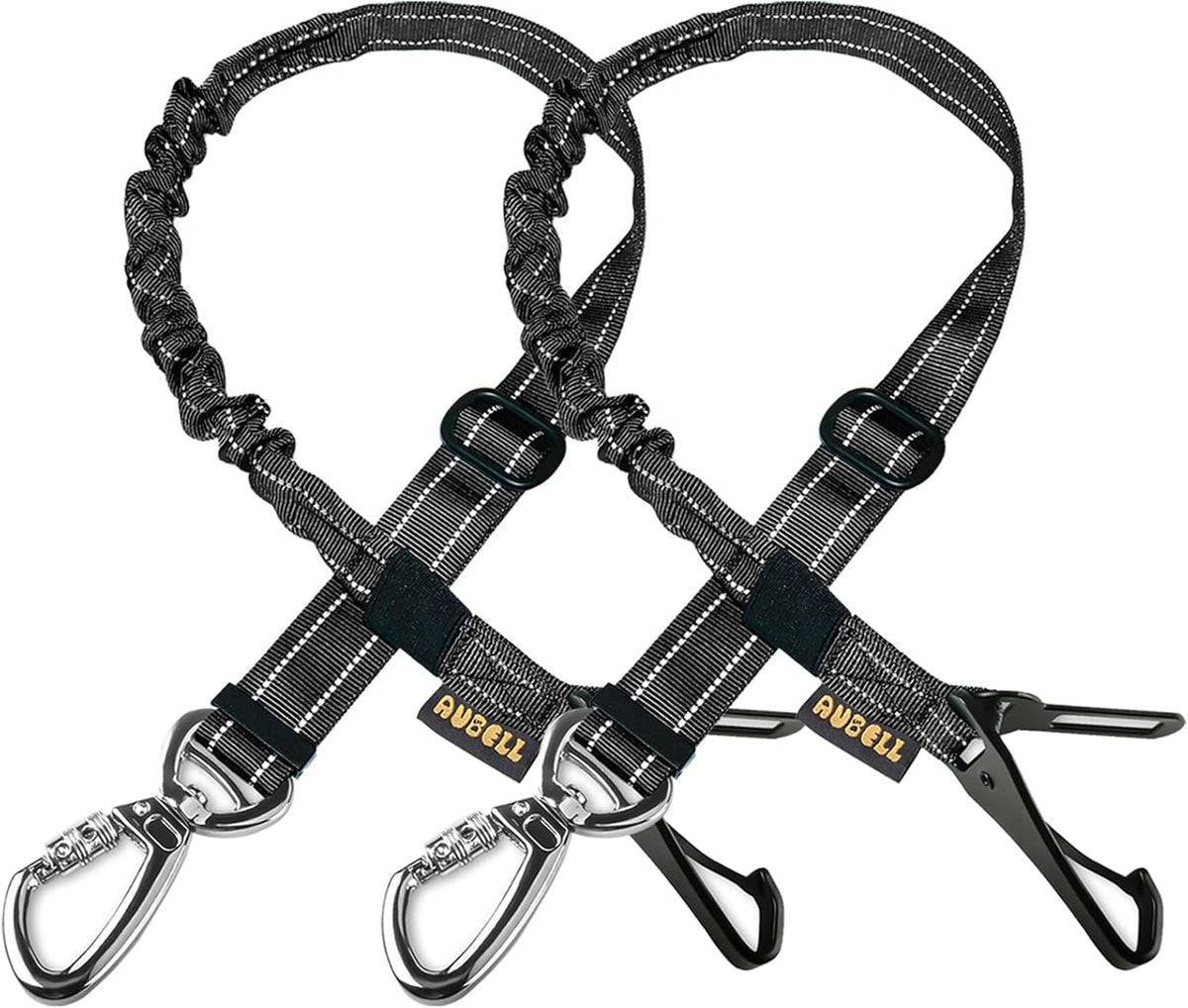 AUBELL Dog Seat Belt for Car,2 Pack Set 3-in-1 Adjustable Reflective Bungee Heavy Duty Dog Car Harness Tether with Clip Hook Latch & Buckle,Swivel Zinc Alloy Carabiner,Black+Black