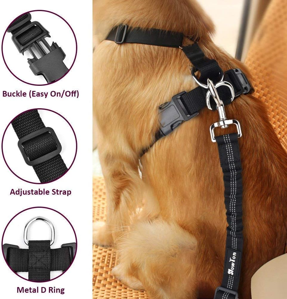 SlowTon Dog Seat Belt Harness for Car, Dog Car Harness Adjustable Mesh Breathable & Dog Seatbelt Safety Tether with Elastic Bungee for Small Medium Large Pets(Burgundy, Single Clip, L)