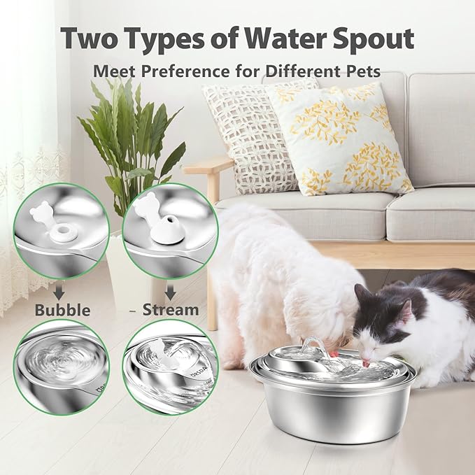 ORSDA Cat Water Fountain Stainless Steel, 3L Automatic Pet Drinking Fountain for Cats Inside, Dog Water Dispenser with Adjustable Water Flow and 6 Replacement Filters for Cats, Dogs