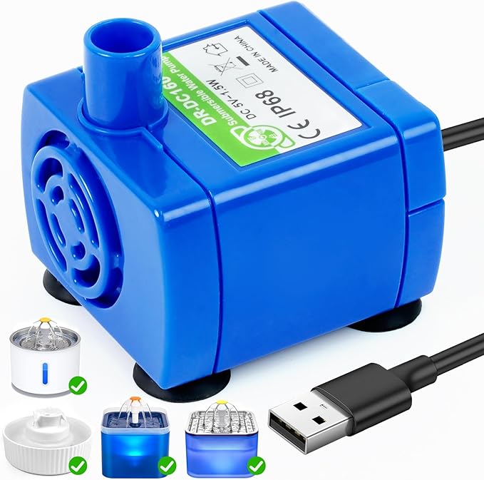 Cat Water Fountain Pump, IP68 DR-DC 160 Submersible Water Pump for Stainless Steel, Ceramic Cat Water Fountain, Cat Water Fountain Flower, Ultra Quiet Pet Fountain Pump (No Led & with Brush)