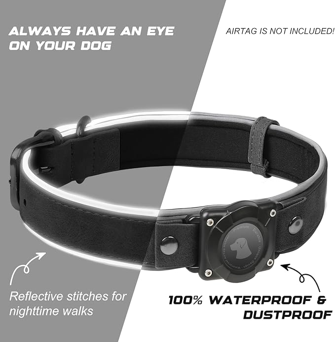 AirTag Dog Collar - Leather Dog Collar with Air Tag Holder | IPX8 Waterproof, Reflective, High - End, Adjustable Soft Padded | Dog GPS Tracker Collars Fit for Medium Large Dogs (Black, XL)