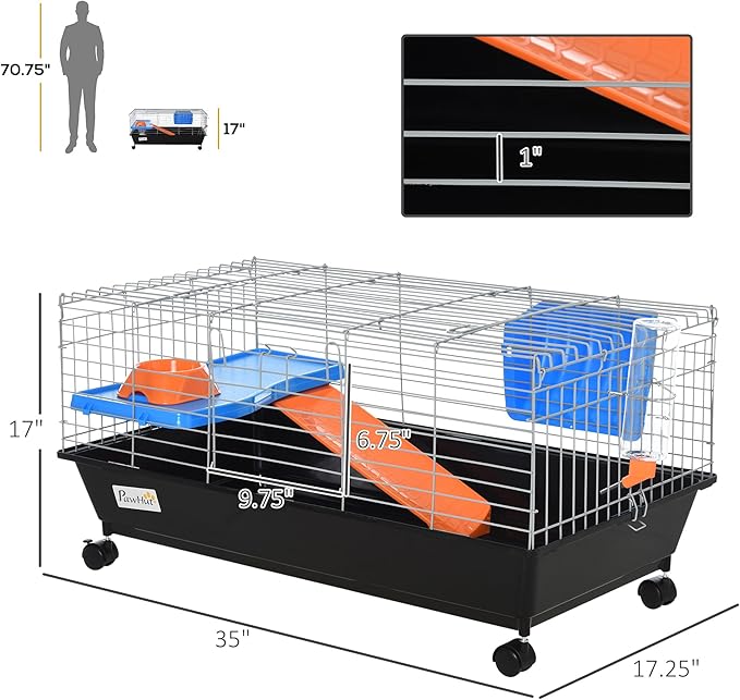 PawHut 35" L Small Animal Cage, Rolling Bunny Cage, Guinea Pig Cage with Food Dish, Water Bottle, Hay Feeder, Platform, Ramp for Chinchilla, Black
