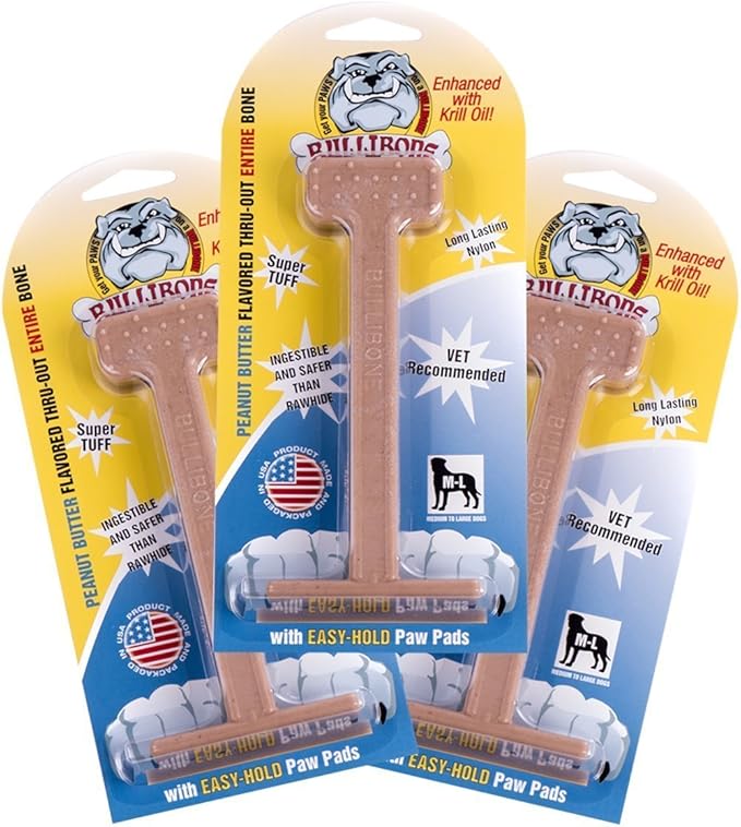 Bullibone Nylon Dog Chew Toy for Aggressive Chewers - Dental Hygiene Bone with Peanut Butter Flavor, Durable Tough Chew Toys for Large Dogs, Indestructible Dog Bone - 3 Pack