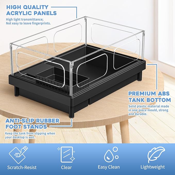 Small Turtle Tank Kit, Acrylic Turtle Tank Starter Kit with Basking Platform, Bottom Drainage, Multi-Function Areas for Turtles, Crabs, Crayfish, Small Reptiles. (Black Kit)