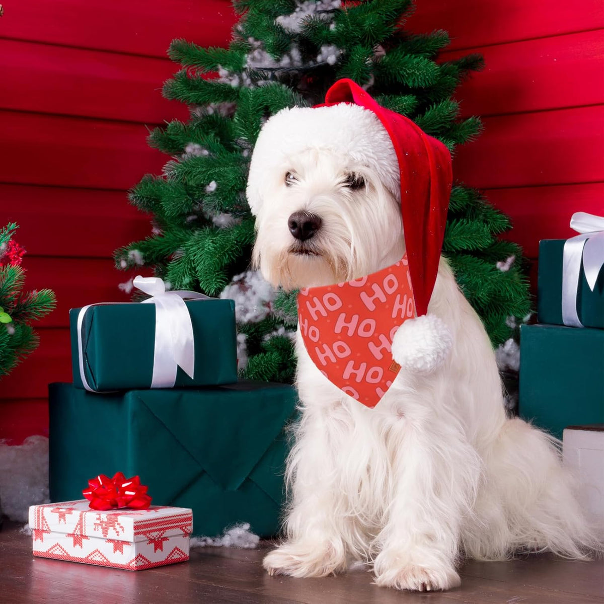 PTDECOR Christmas Dog Bandana, Xmas HOHO Santa Design Reversible Holiday Dog Scarf, Triangle Christmas Bandanas for Small Pets (Small)
