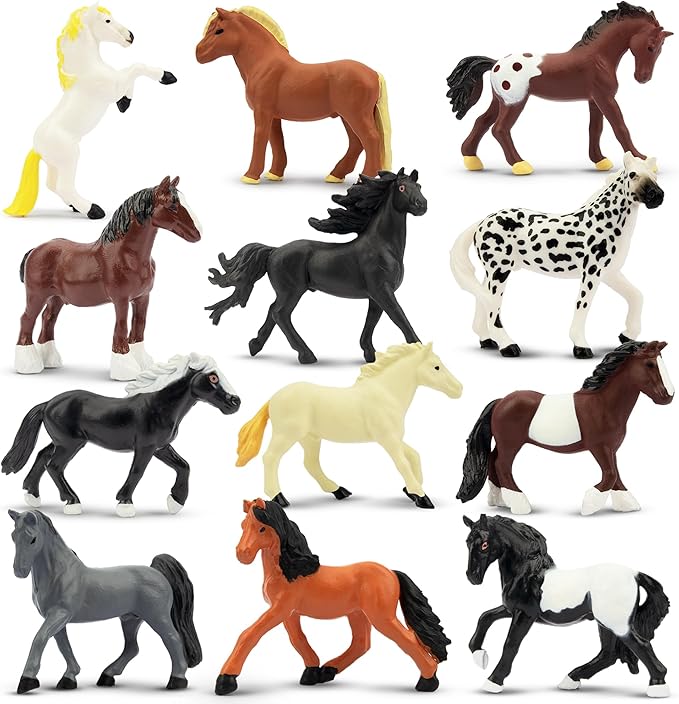 Toymany 12PCS 2-3" Tiny Horse Figurines Toy Set, Plastic Pony Small Foal Figures, Easter Eggs Birthday Gift Cupcake Horse Cake Topper for Kids Toddlers