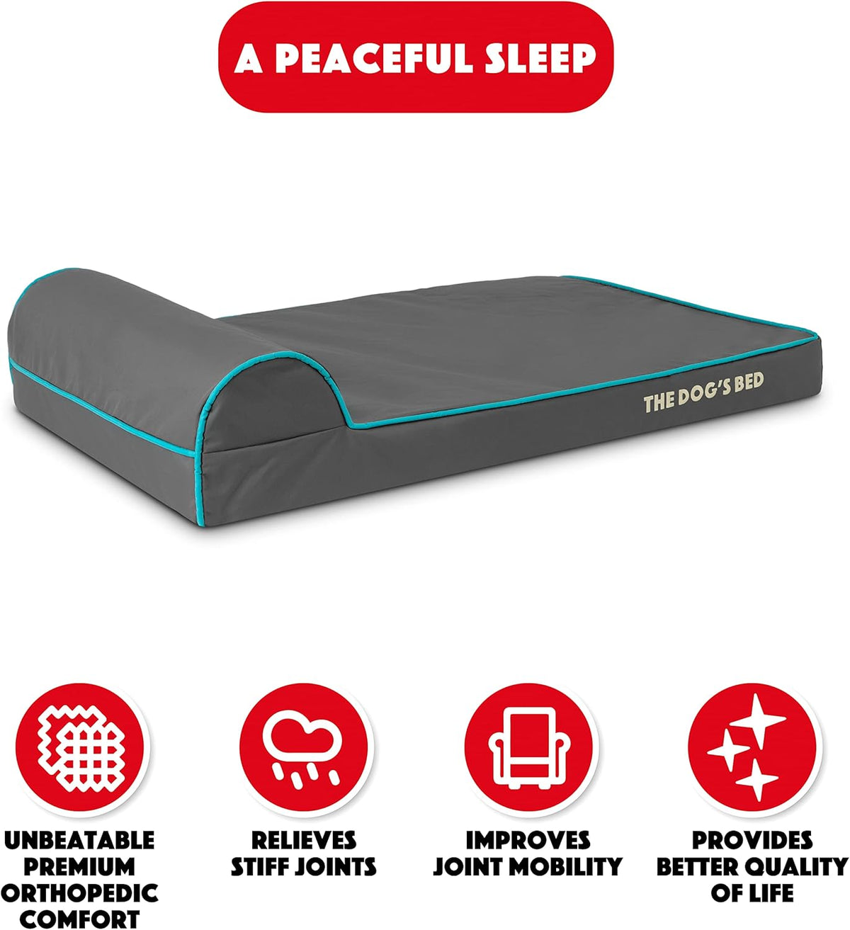 The Dog’s Bed Orthopedic Headrest Dog Bed Med Grey/Blue 34x22, Memory Foam, Pain Relief: Arthritis, Hip & Elbow Dysplasia, Post Surgery, Lameness, Veterinary Approved, Waterproof Washable Cover