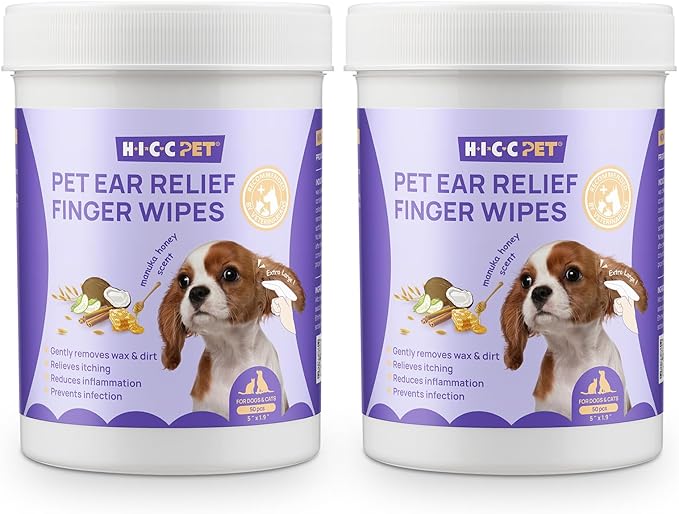 HICC PET Ear Cleaner Wipes for Dogs & Cats, Vet-Recommended Dog Ear Infection Treatment to Relief Itching & Inflammation, Remove Wax, Dirt & Stop Smelly, Cleaning Deodorizing Wipes 100ct(Honey Scent)