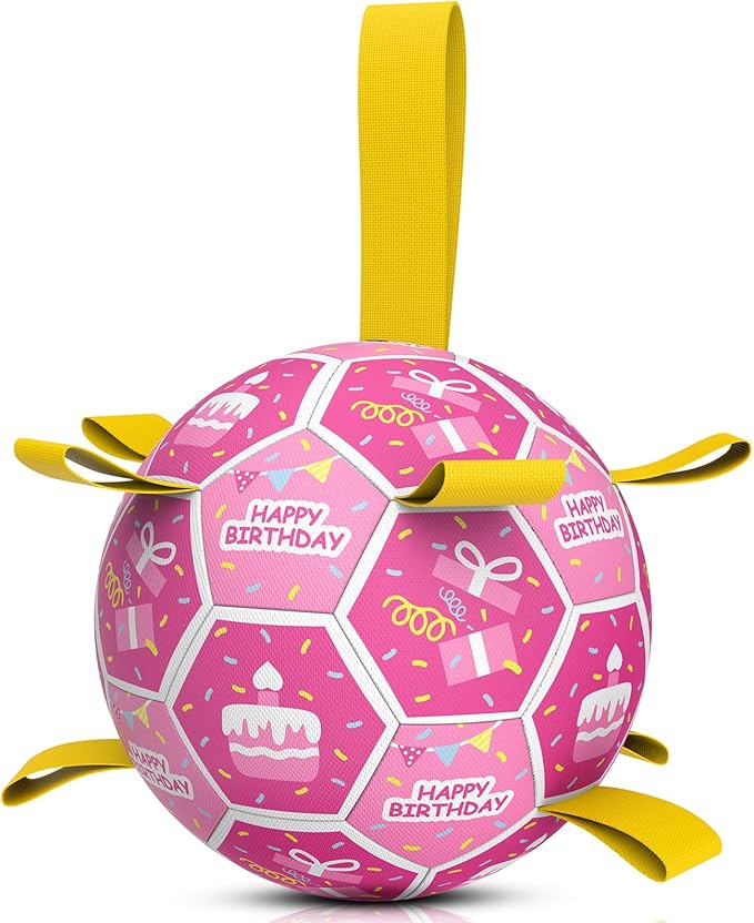 QDAN Dog Birthday Toys, Squeaky Dogs Toys, Dog Soccer Ball with Straps, Puppy Gifts, Herding Balls with Bell Inside, Water Toy, Durable Ropes Ball for Medium Large Dogs (8 inch)