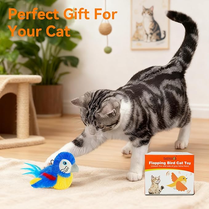Cat Toys Flapping Bird(Cannot Fly), Electric Simulated Chirping Bird Interactive Kitten Toy with Flappy Wings, Rechargeable Touch Activated Toy with Catnip and Feather for Indoor Cats- Bule