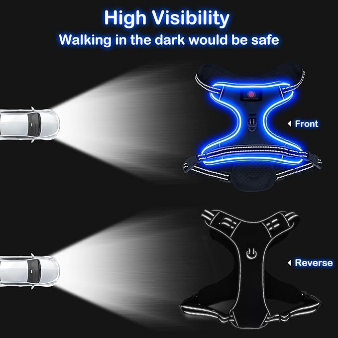 Rechargeable LED Dog Harness - No Pull, 4 Point Adjustable, Lighted Vest for Small/Medium/Large/X-Large Dogs