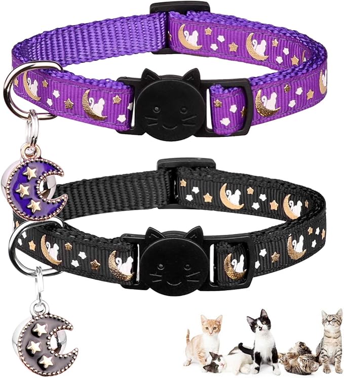 2Pcs Breakaway Cats Collars Cat Collars for Boy & Girl Cats Adjustable Kitten Collars with Bell,Purple+Black,8"-13.1"