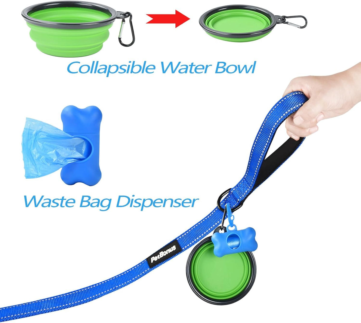 PetBonus Double Dog Leash, No Tangle Dual Leash, Reflective Walking Training Lead, 4 Comfortable Padded Handles for 2 Dogs with Collapsible Bowl and Waste Bags (Blue, Large)
