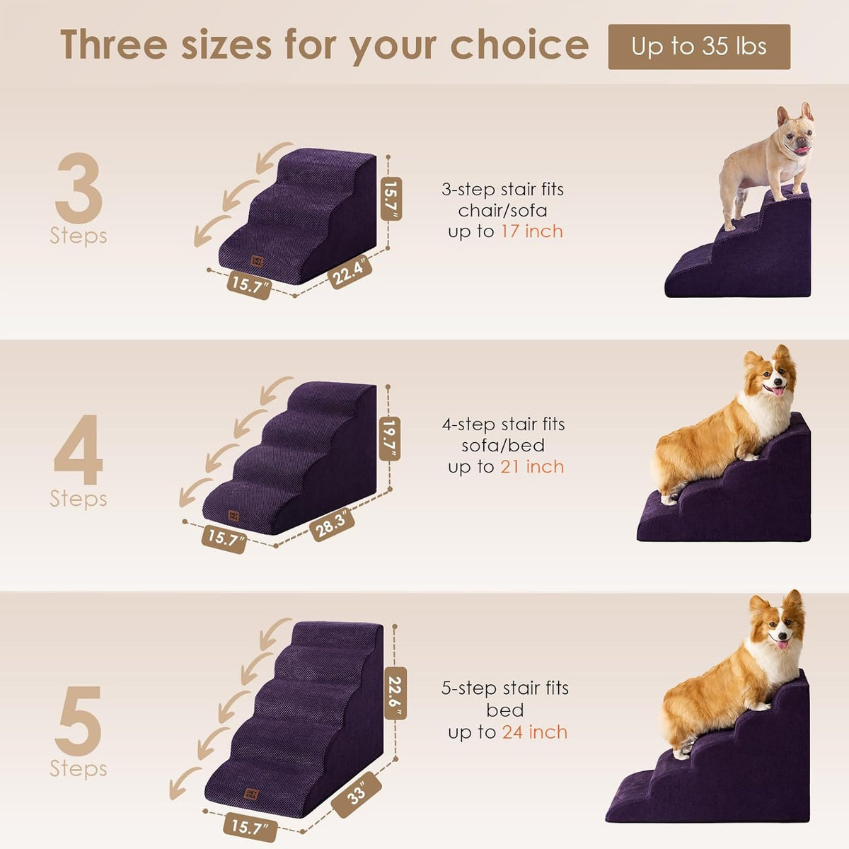 EHEYCIGA Curved Dog Stairs Ramp for Small Dogs 15.7" H, 3-Step Dog Steps for Couch Sofa and Chair, Pet Stairs for Cats, Non-Slip Balanced Pet Steps Indoor, Purple