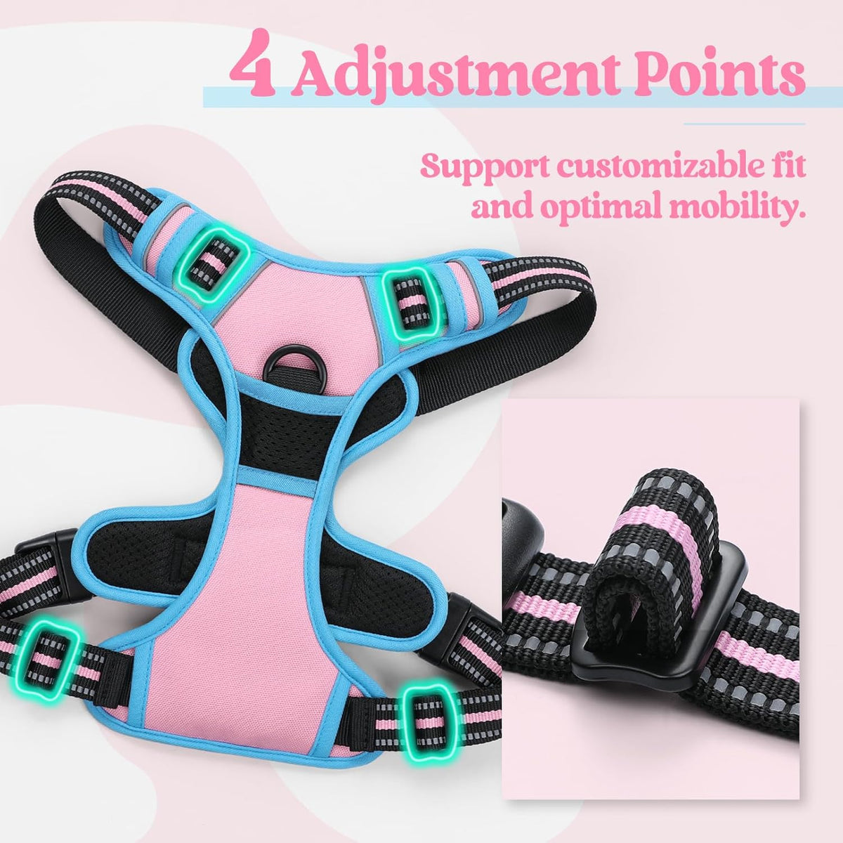 rabbitgoo Dog Harness No Pull with 2 Leash Clips, Adjustable Soft Padded, Reflective Oxford No Choke Pet Vest with Easy Control Handle for Medium Sized Dogs, Pink & Blue, M