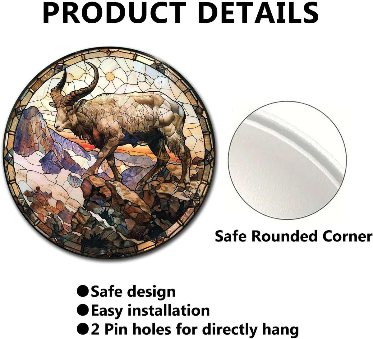 Lygond Metal Sign Tin Sign Circular Stained Glass Mountain Goat Vintage Sign For Club 8×8 Inches