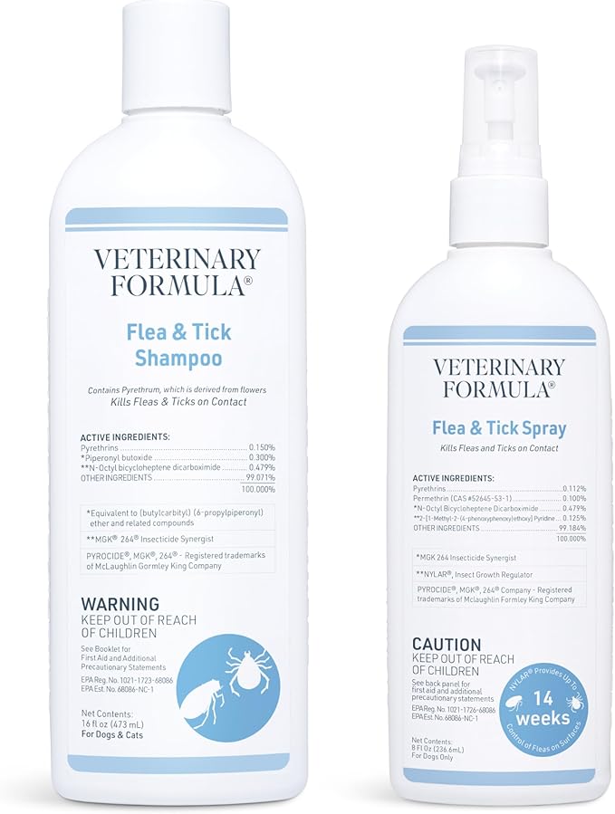 Veterinary Formula Flea and Tick Bundle – Prevention Spray for Dogs, 8 oz + 16 oz Shampoo for Dog Flea & Tick Control