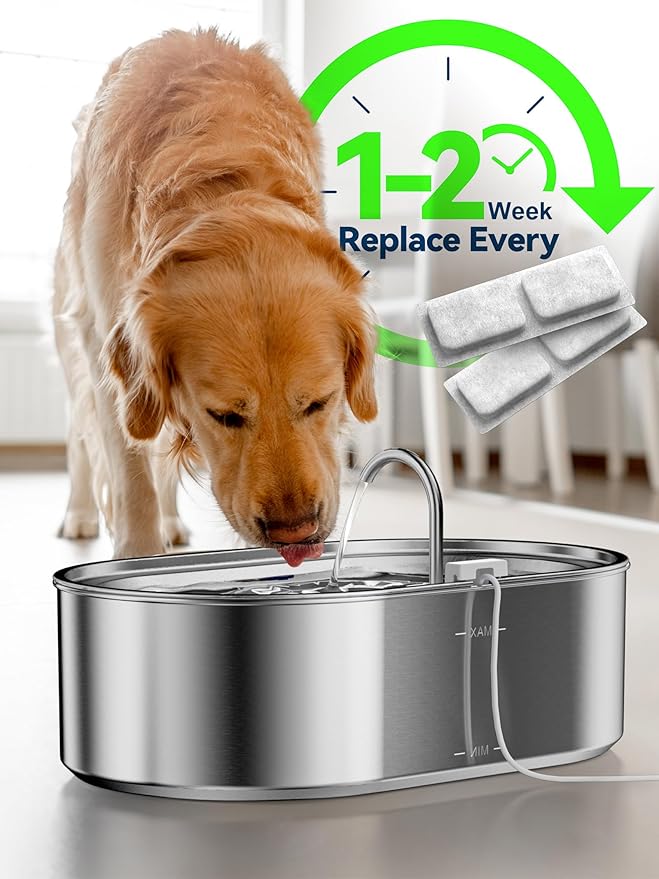 3.4Gal Dog Water Fountain for Large Dogs, 13L Stainless Steel Large Pet Fountain with Deeper & Wider Drinking Area, Automatic Dog Water Bowl Dispenser with Water Window & LED (Filters)
