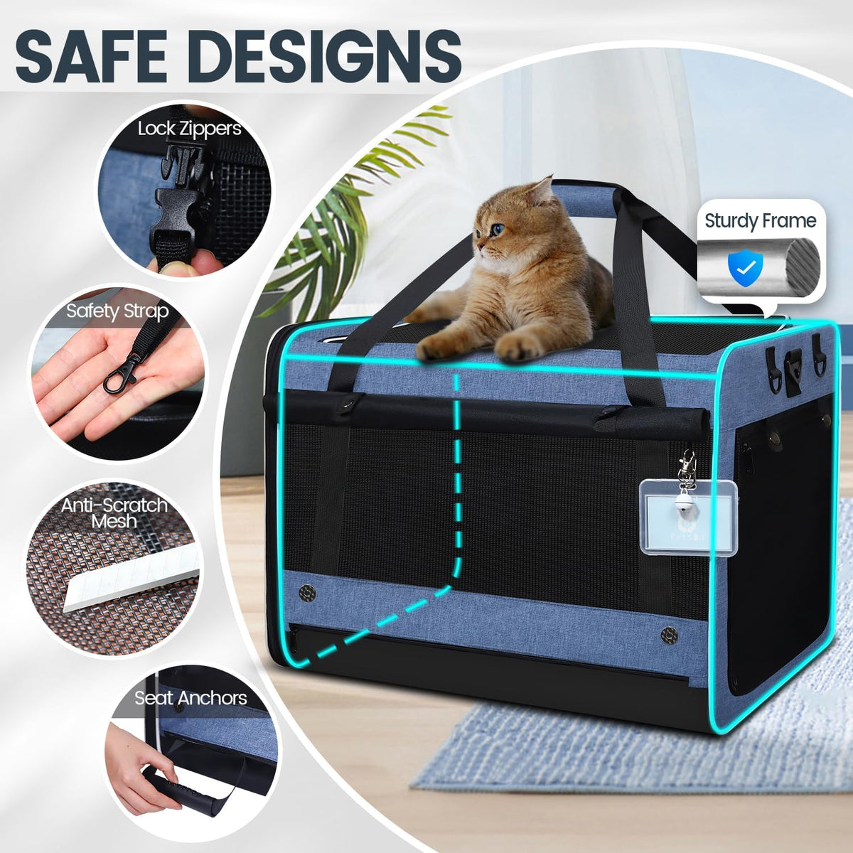 Petskd Extra Large Cat Carrier with Wheels and Litter Box, 24"x17"x17" Rolling Soft Carrier Until 55LBS Pets with 5 Breathable Mesh Windows and Locking Zippers for Long Distance Car Travel(Blue)