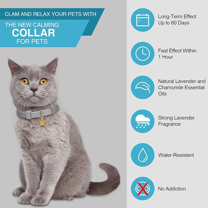 4 Pcs Cat Calming Collar Adjustable Lavender Scent Relaxing Cat Collar with 2 Pendant for Puppies Reduce Stress Aggression Anxious, up to 15 Inches(Grey, Silver)