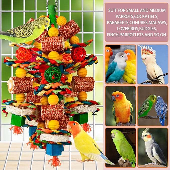 Bird Toys, Parrot Toys for Large Birds,Natural Corn cob and Loofah Slices Bird chew Toys for African Grey Parrots, Macaws, Cockatoos, Amazon Parrot and other Small and Medium-Sized Parrot (Colorful)