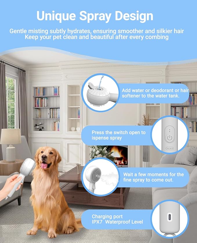 Cat Steam Brush, Cat and Dog Steam Brush, for Shedding with Release Button, 2 Speed Adjustable Spray USB Rechargeable Pet Grooming Supplies, for Dogs and Cats Pet Hair