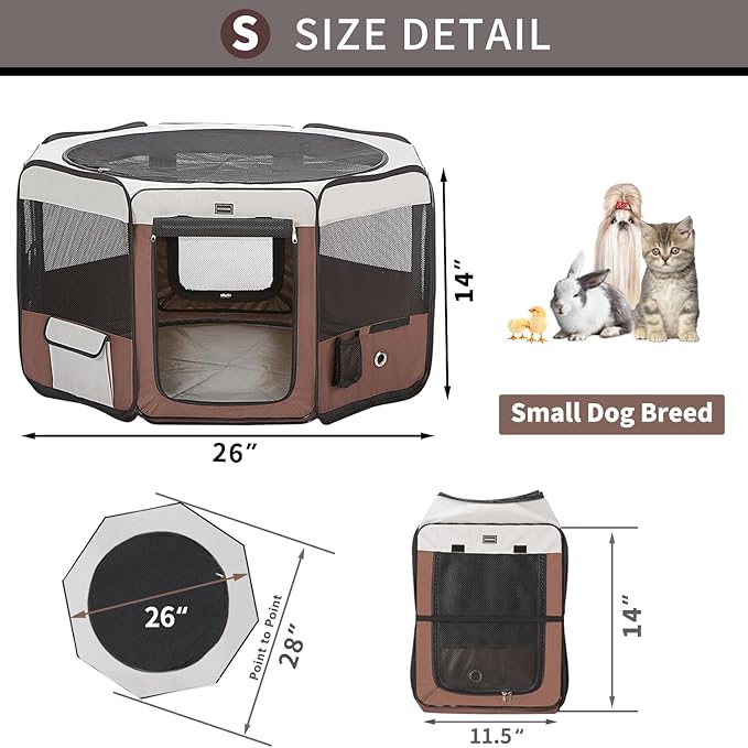 DONORO Dog Playpen Portable Pet Play Pens for Small Dog/Cat/Rabbit/Chicks, Cat Playpen Indoor/Outdoor with Carring Case, Removable Zipper Top and Bottom (Brown, Small (28"x28"x14"), 8)